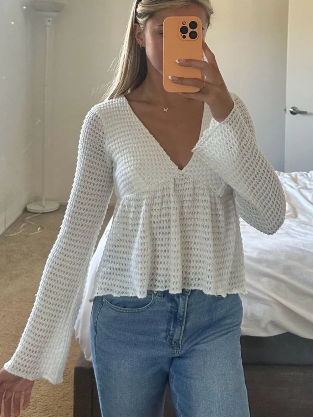 Urban Outfitters Ivory Crochet Knit V-Neck Babydoll Peplum Top Small